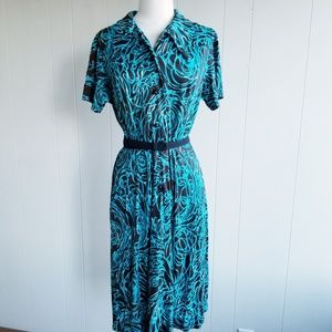 1970s Brief Notes Black‎ & Blue Poly Dress Size Small